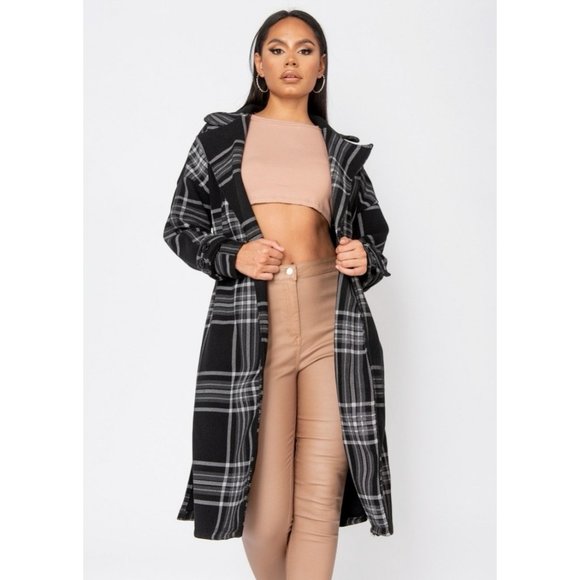 Black Plaid Check Wool Blend Long Sleeve Belted Lapel Collared Trench Coat - Picture 4 of 11